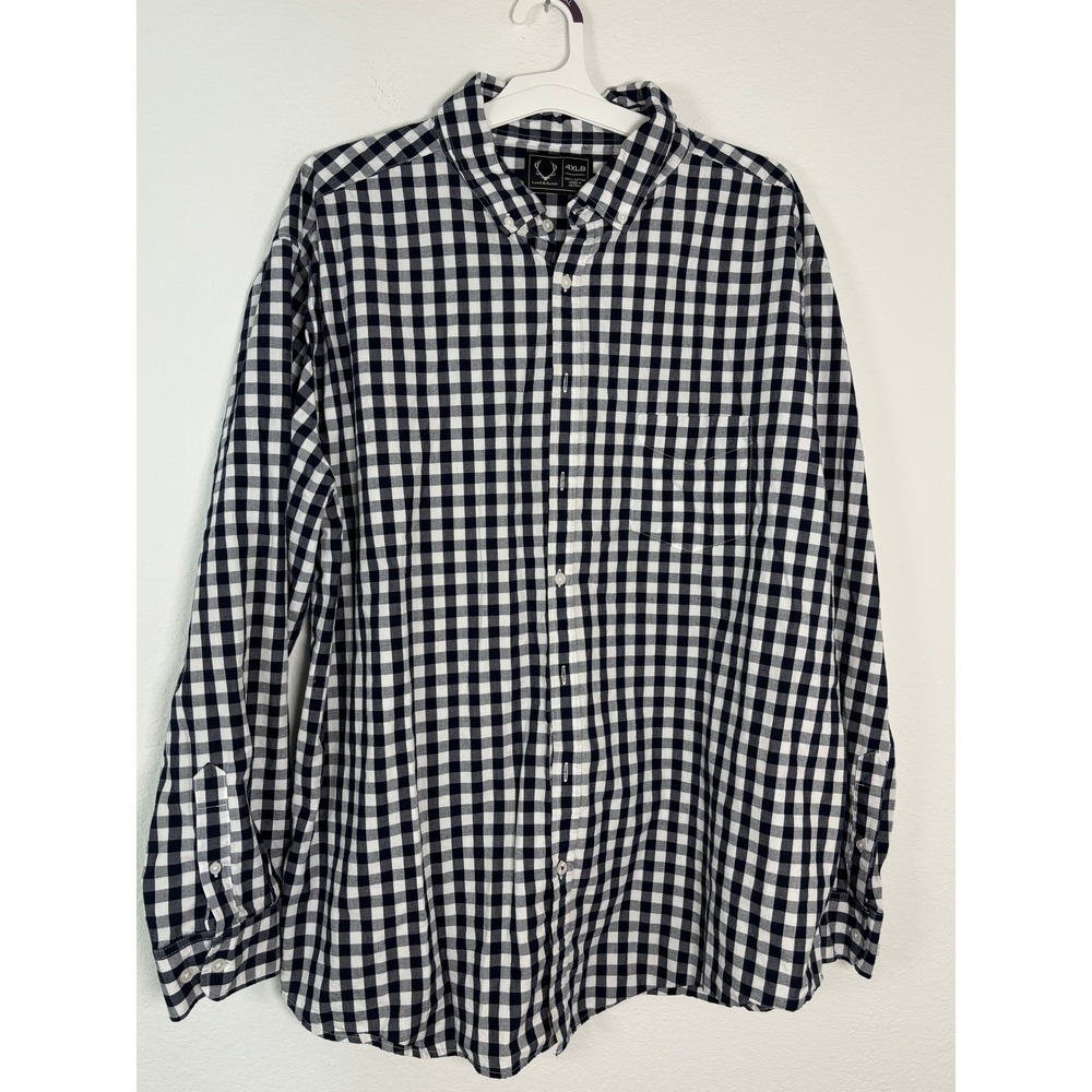 Luke & Dutch Mens 4XLB Gingham Button Down Shirt Navy Blue White Plaid Cotton